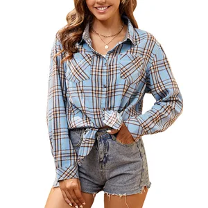 Women's Casual Long Sleeve Flannel Top for Spring Autumn Large Plaid Shirt Front Logo Woven Simple Design for Office Occasions