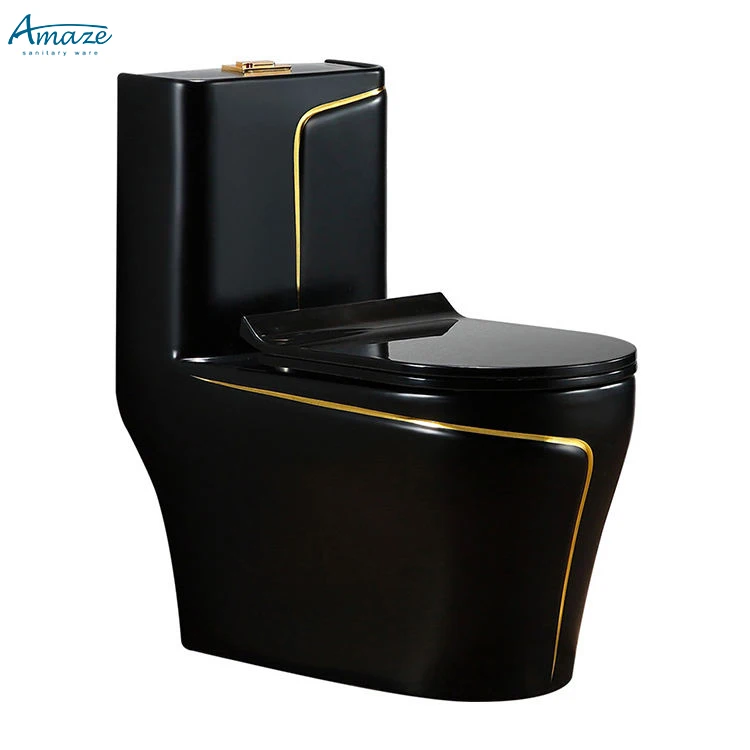 Good quality custom luxury design floor mounted wc black gold line colored water closet bathroom ceramic one piece toilet bowl