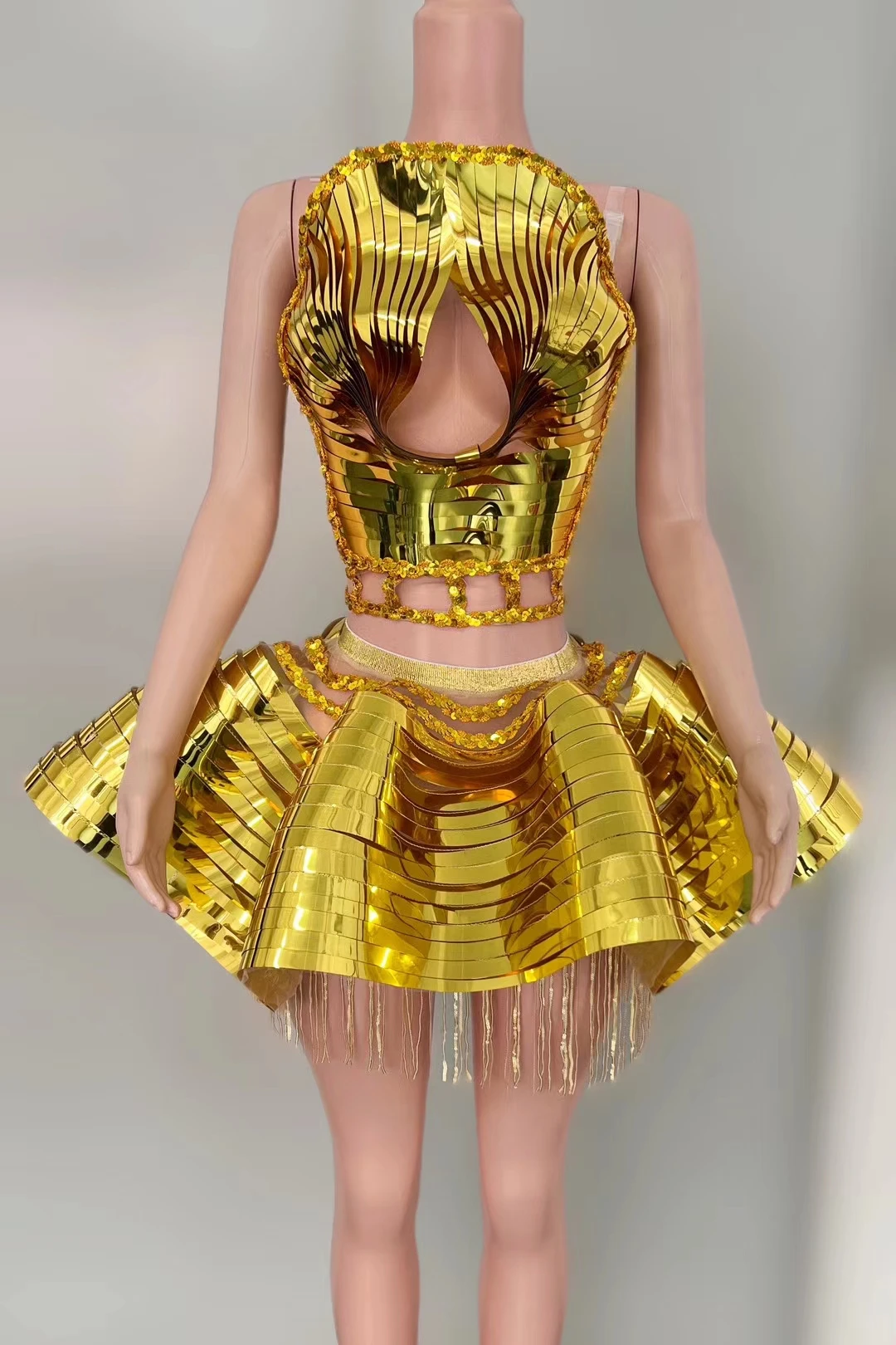 Sexy Gold Tassel Sequin Corset Tutu Skirt Piece Set Las Vegas Show  Costume Stage Performance Club Dress Women Festival Outfit