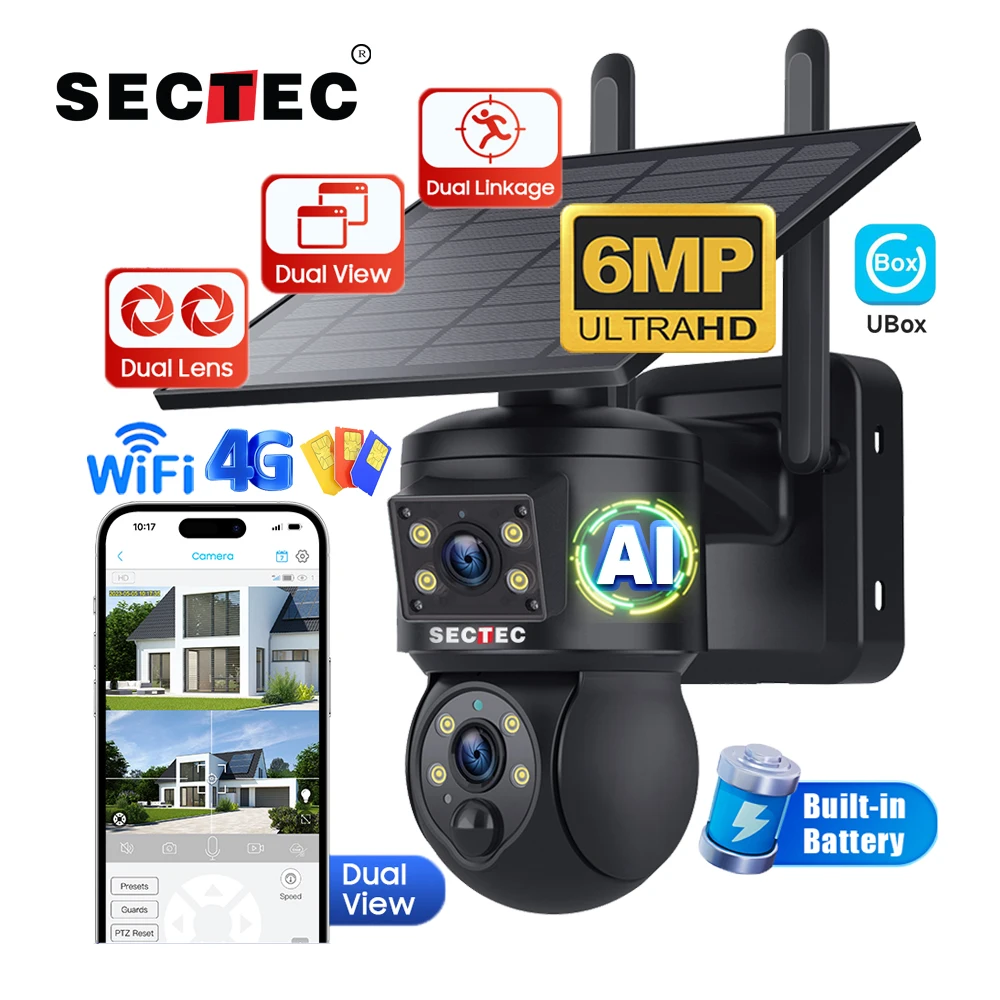 Dual Lens Dual View 6MP 3K PTZ Alarm 4G Sim Card LTE Solar Camera IP66 Waterproof Security System IR Night Vision CCTV Camera