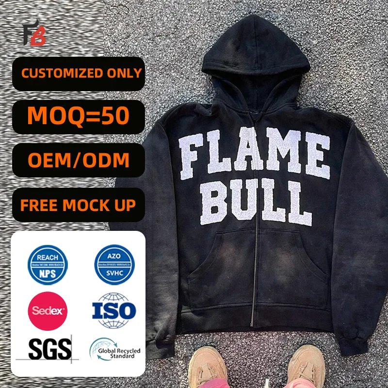 Manufacture Custom Over Size 350gsm Applique Patch Embroidered Embroidery Acid Wash Hoodie with logo