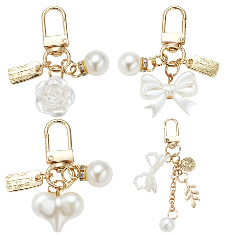 Fresh Creative New Pearl Alloy Keychain Pendant Bow Lock Key Accessories with Heart and Bag Made of Durable Acrylic Plastic