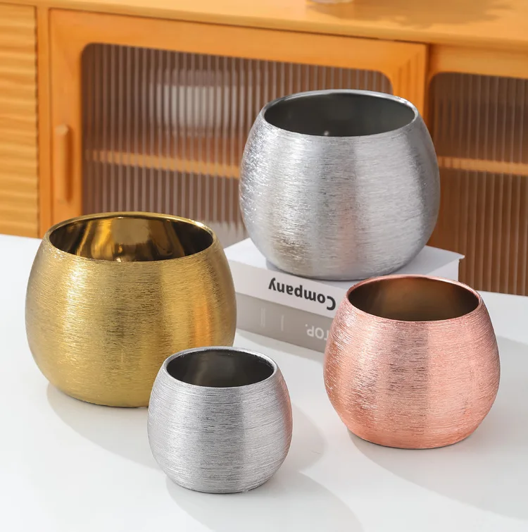 Nordic Display Ceramic Flowerpot Plant Vase Gold Plated Wire-drawing for Living Room Decoration