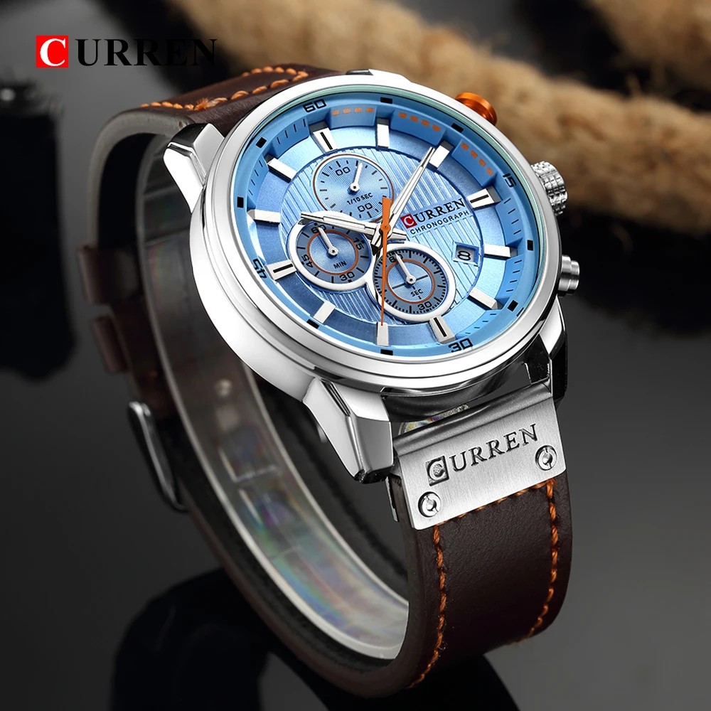 Curren 8291 Quartz Watch Men Leather Strap Sport Casual Watch Multifunction Dial Wristwatch Waterproof Date Watch for Male
