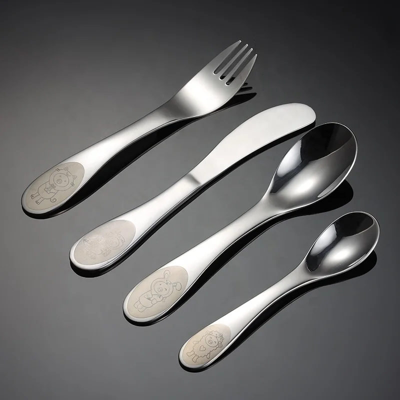 stainless steel 304 Food grade custom colorful pattern children tableware knife spoon fork kids 4-piece gift box cutlery set