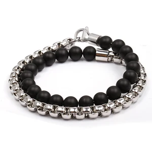 Custom Leather Trendy Men's Beaded Bracelet with Natural Stone Black Onyx and Tiger Eye for Anniversary