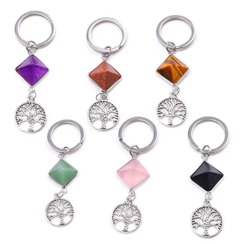 Amethyst Crystal Pyramid Life Tree Pendant Detachable Keychain White Crystal Opal Tiger Eye Stone Pyramid Key Rings Accessories