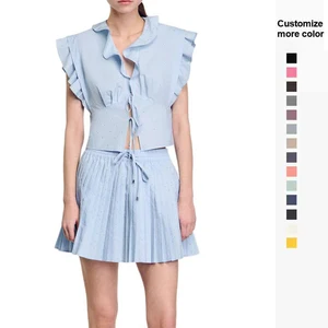 Summer 2026 Women's Elegant Ruffled Casual Blouse Striped Rhinestone Ruffle Top and Pleated Skirt Set