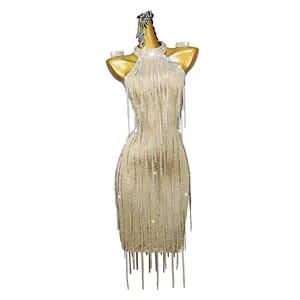 Latin Dance Skirt Stage Performance Dress Dance Costume Tassels Rhinestone Woman Latin Dress