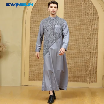 High quality Men thobe Polyester and Cotton thobe muslim Black Casual robe with pockets Standing Collar Islamic Clothing