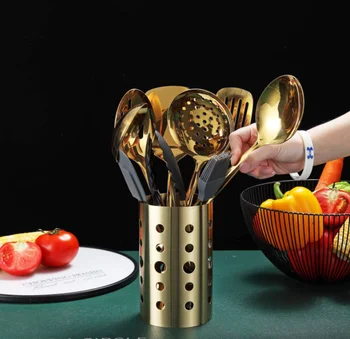 Gold Cooking Tool Set Silicone Head Kitchenware Stainless