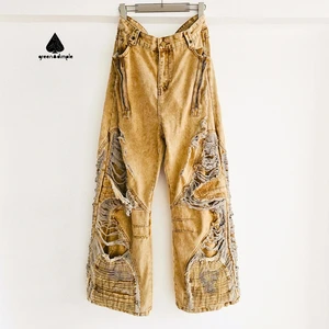 Vintage Oversized Distressed Women's Boyfriend Denim Jeans Pour Femme Wide Leg High Quality Hip Hop Raw Denim Ladies Jeans