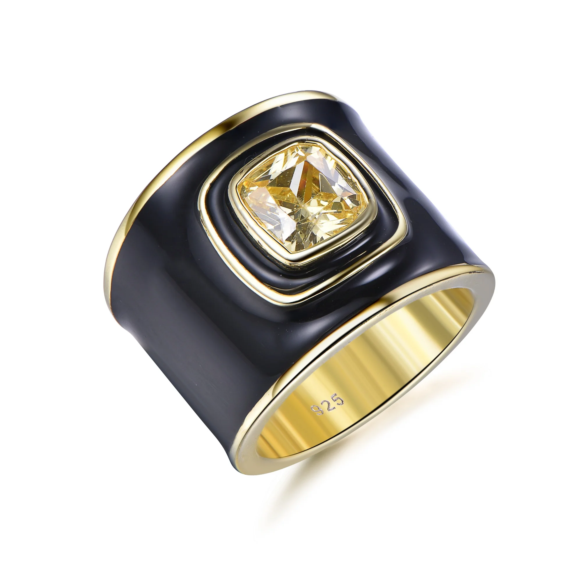 Gold Plated ring Enamel Black Men's Heavy Solid 14K Gold 18K Gold Ring Band Light Yellow Diamond Wedding Bands Rings