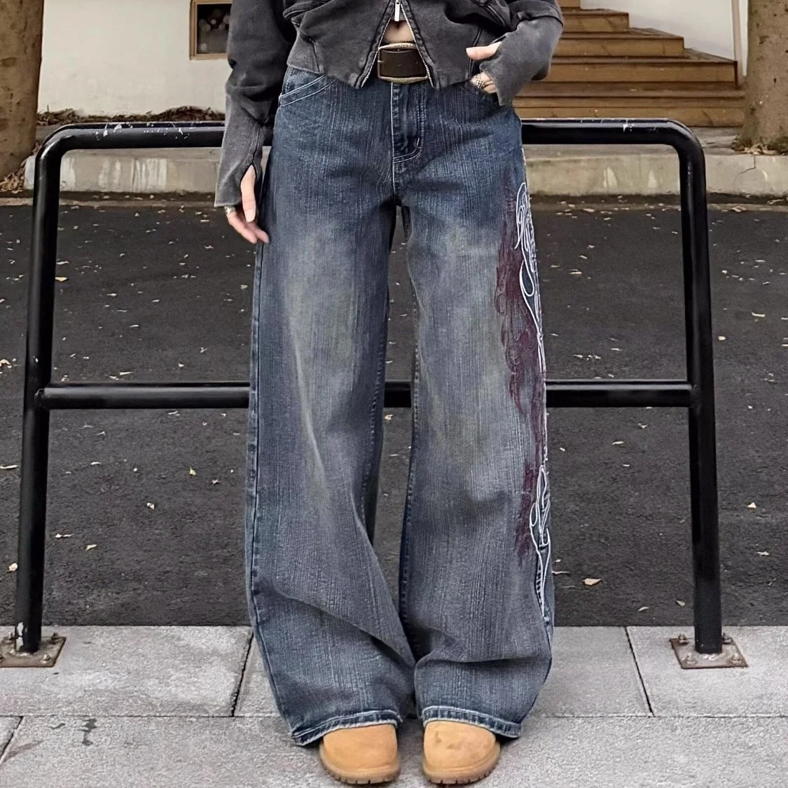 Autumn New European Fashion Stylish Versatile Mid Waist Denim Women's Straight-Leg Wide-Leg Jeans