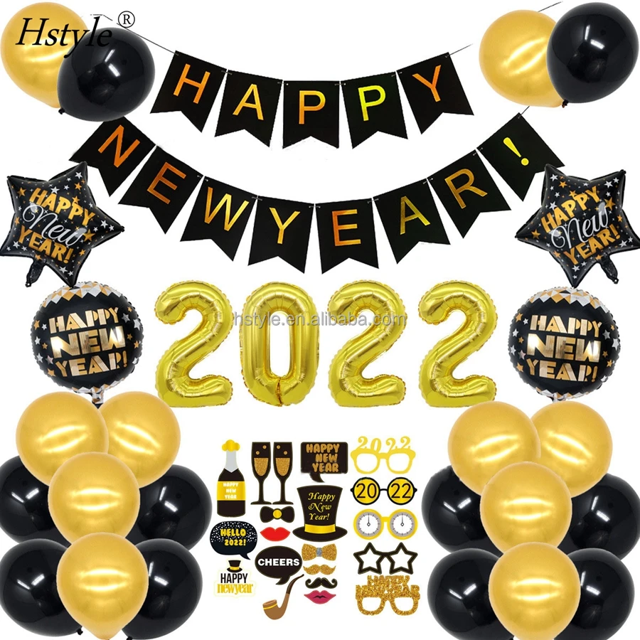 2022 Happy New Year Balloons Decorations Kit，NYE Set with 2022 Sign Foil Balloons 