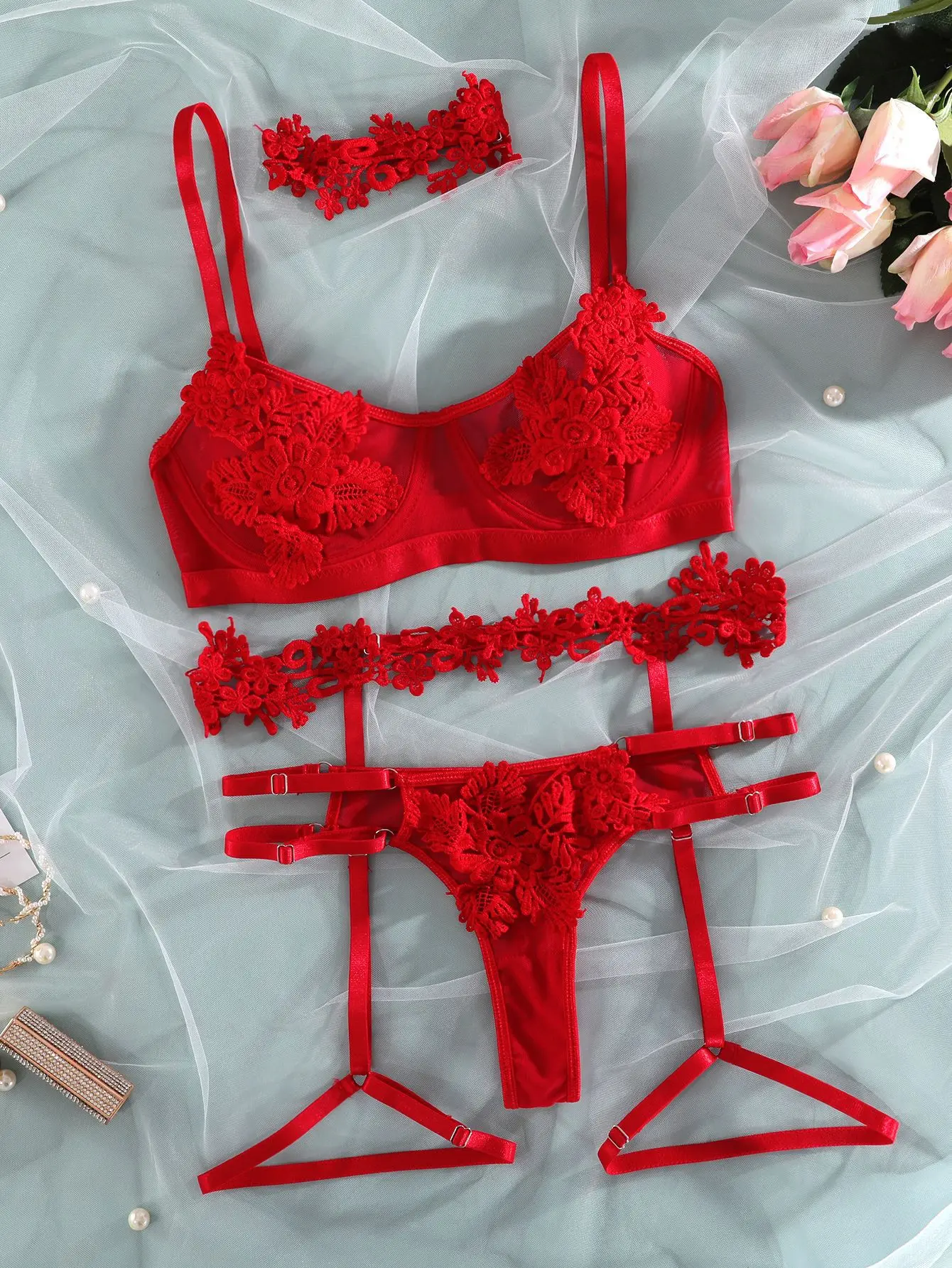 Conjunto Lenceria LencerÃa De Red Para Dama Encaje Floral Conjunto
