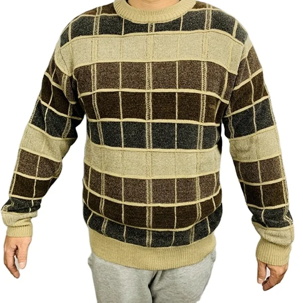 Men crew neck jacquard chenille pullover color block hot selling polyestersweater  autumn winter computer knit