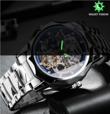 Forsining 199A Classy Design Skeleton Transparent Golden Stainless Steel Men's Automatic Mechanical Male Watch Limited Hot Sale