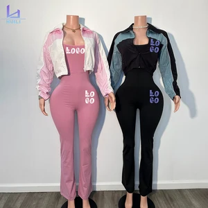 Huili Manufacturer Color Block Nylon Crop Top Windbreaker & Leggings Two Piece Sets Activewear Women Sports Bodysuits&jumpsuits