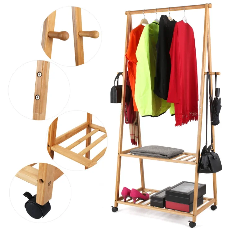 Bamboo Clothes Rack Rolling Garment Rack With Wheels And 2tier Storage