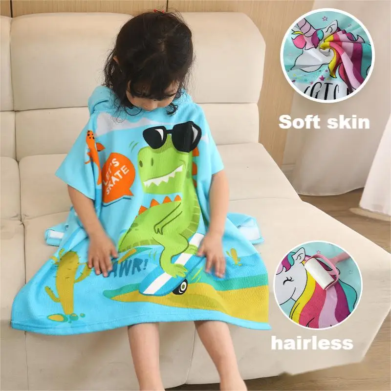 Customized Portable Kids Poncho Surf Hood Dry Changing Robes Printed Cartoon Sublimation Digital Print Towel Poncho Pocket