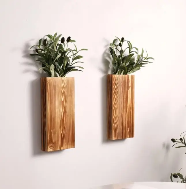 Set di 3 Vaso da Parete in Legno con Luci a LED, Fioriera da Parete