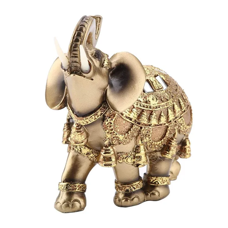 Golden Polyresin Elephant Statue Sculpture Trunk Wealth Lucky Collectible Figurine Gift Home Decor Feng Shui Ornament S 