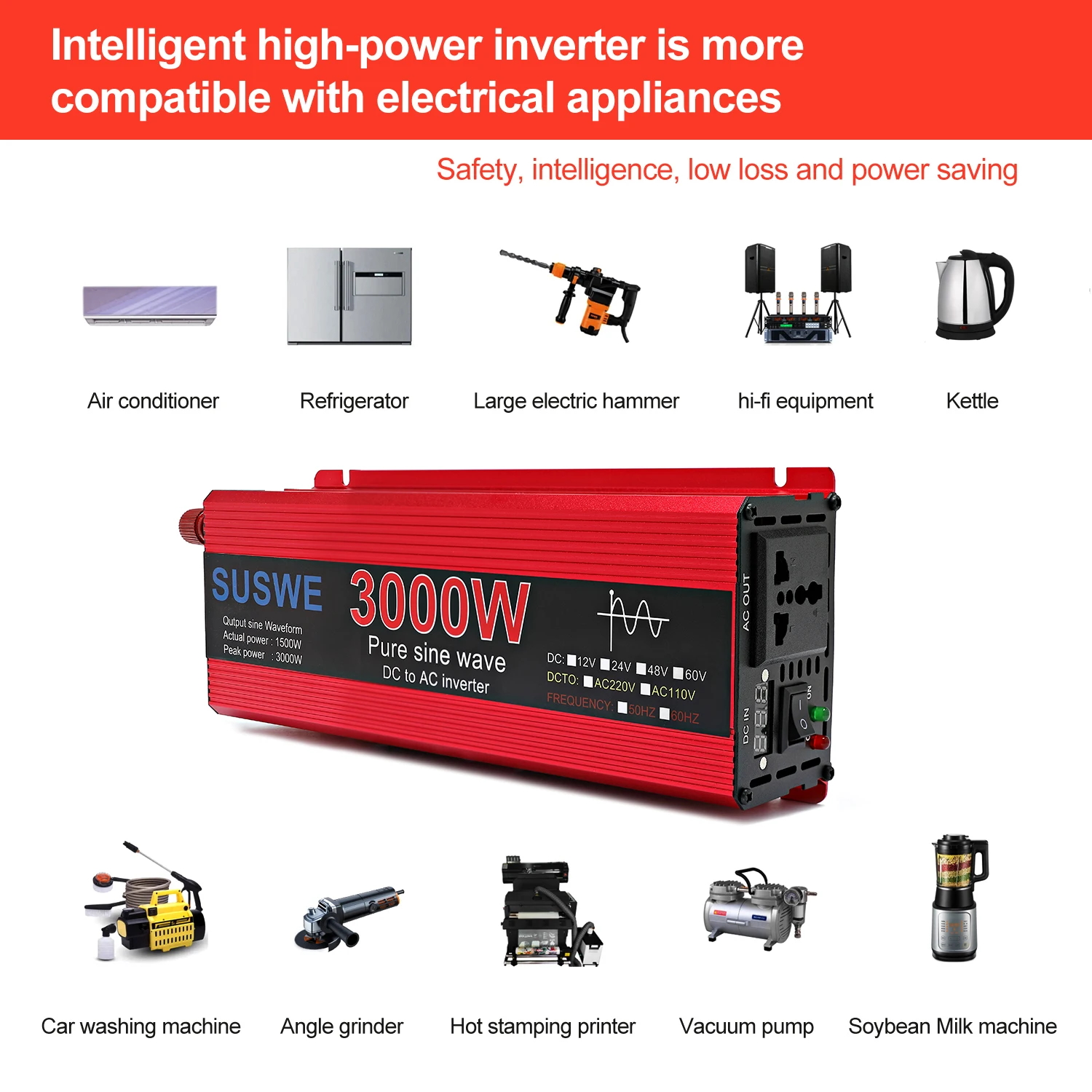 SUSWE Power Inverter Generator 1000/2000/2200/3000 Watt Pure Sine Wave Inverter 220V 110V Inverter