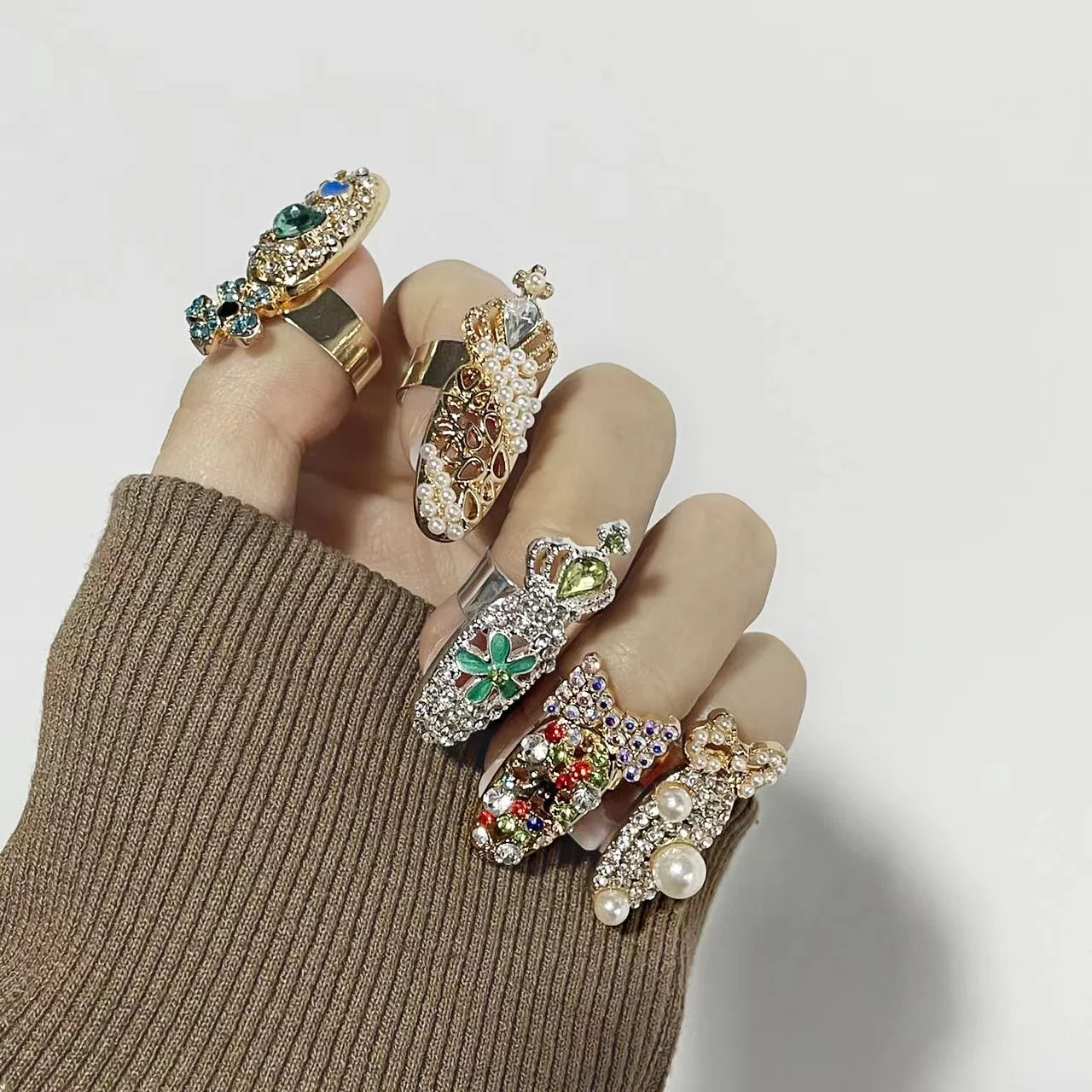 Punk Style Crystal Gold Plated Crown Flower Open Adjustable Luxury Nail Finger Rings Jewelry