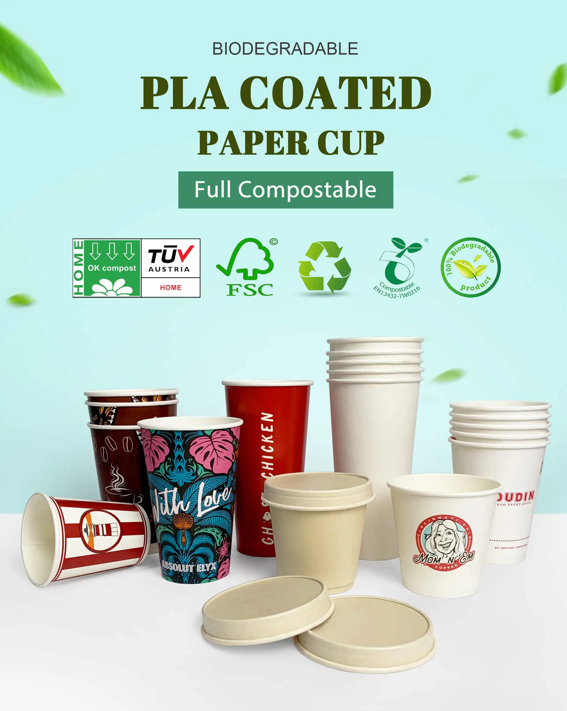 Biodegradable Takeaway Packaging Coffee Paper Cup Custom Disposable Compostable Single Double PLA Coating Sugarcane Paper Cups