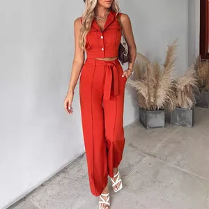 Lady Formal Outfit Sleeveless Lapel V Neck High Waist Wide Leg Lace up Belt 2 Pcs/set Women Top Trousers Set Short Vest Pant Set