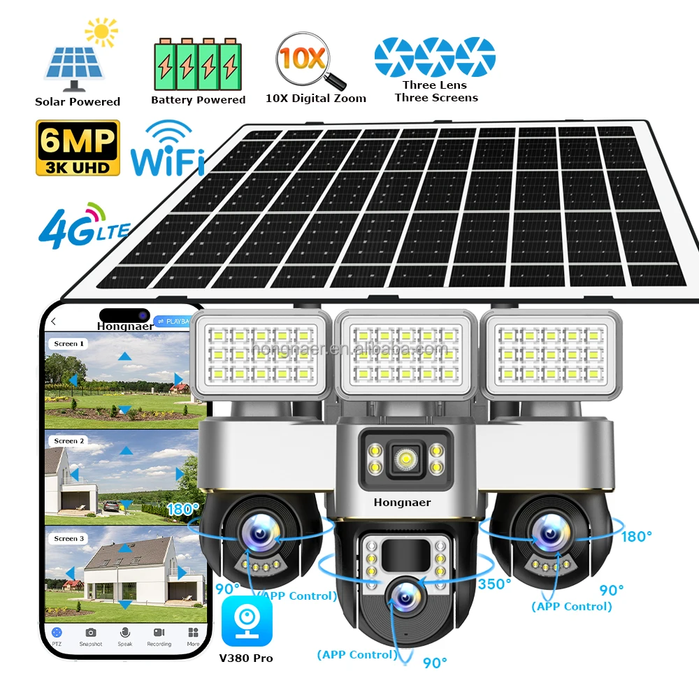 Hongnaer 6MP 3 Video 3 Lens Wireless Solar Panel Powered CCTV PTZ Camera V380 Pro Outdoor WiFi 4G Sim Card Solar Security Camera