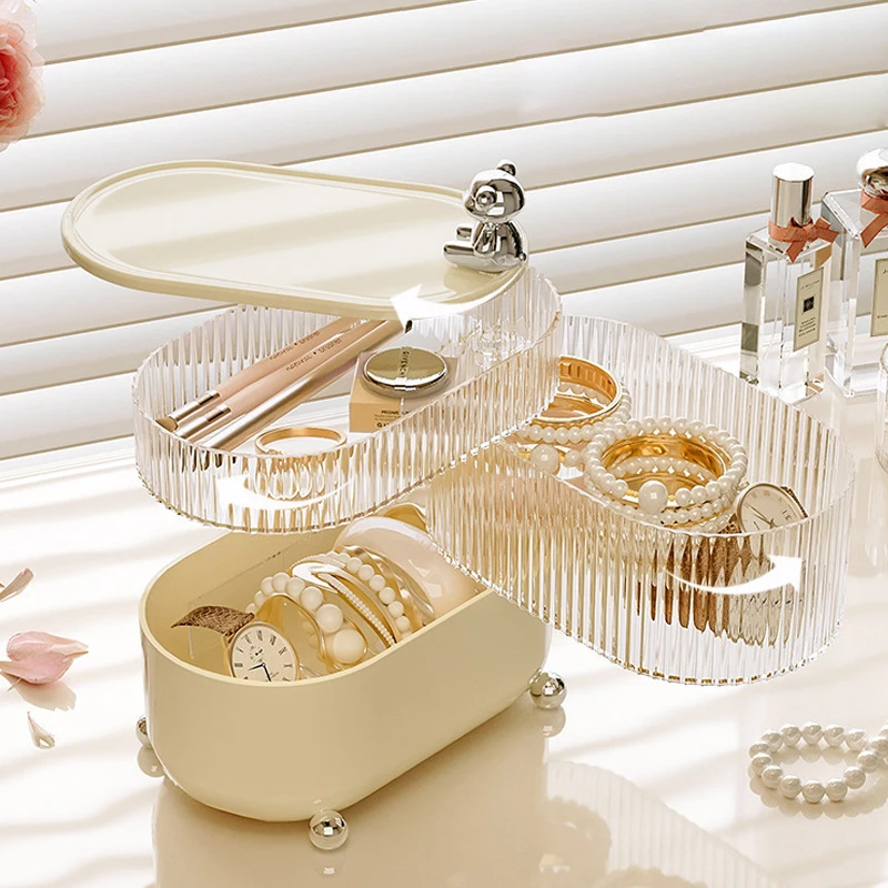 360 Degree Rotating Desktop Dust Prevention Jewelry Ring Box Makeup Organizer Case With Compartment