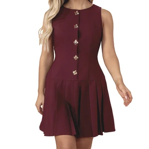 Wisrise Fashion OEM & ODM Factory Women's Burgundy Sleeveless Gold Button Detail Pleated Mini Dress for Preppy Style