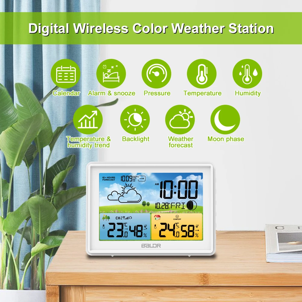 BALDR Digital Weather Station Temperature and Humidity Sensor Alarm Clock Weather Forecast Indoor Outdoor Meteorological
