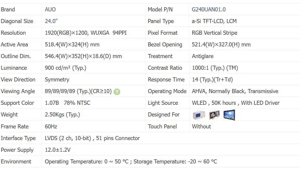 AUO 24 inch 1920x1200 LCD panel G240UAN01.0 for industrial monitor,51pin LVDS,900 nits high brightness lcd monitor factory