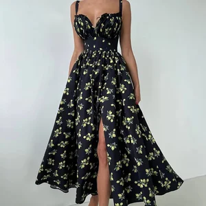 Women's Black Floral Print Maxi Dress Solid Casual Summer Style Natural Waistline Breathable Woven Material Small Ruffles