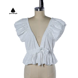 Women's Clothing Manufacturer Custom Embroidery Summer Short Sleeves Deep V Neck Casual Top Sexy Style Sleeveless Shirt