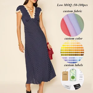 Factory Oem New Trend Elegant Short Sleeve Dresses Custom Polka Dot Print Women Lave v Neck Summer Chiffon Midi Dress