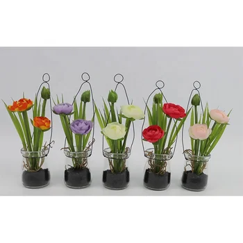 Hot Sale Plastic Bonsai 22cm Artificial Tea Rose Flowers With Glass Bottle For Home Wedding Decoration