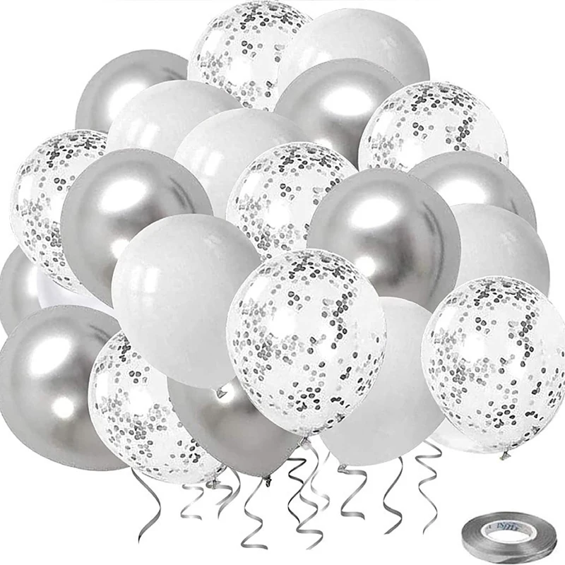 Ousuga Ballonnenset Goud, Zilver & Wit – 30 Stuks, 30 Cm, Matte Parel & Metallic, Met Confetti, Voor Verjaardag, Bruiloft Of Babyshower 3 miniatura