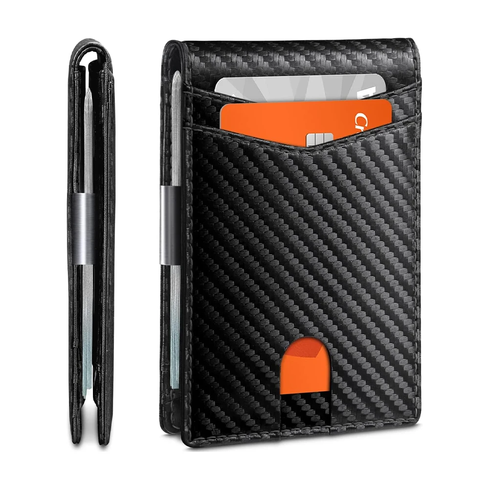 Customize Mens Front Pocket Money Clip Wallet RFID Blocking Carbon Fiber Wallet ID Window Large Capacity Wallet