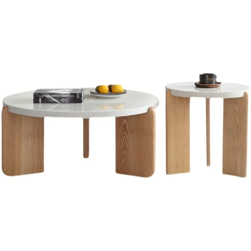 Modern Terrazzo Coffee Table Set Wooden Leg White Stone Coffee