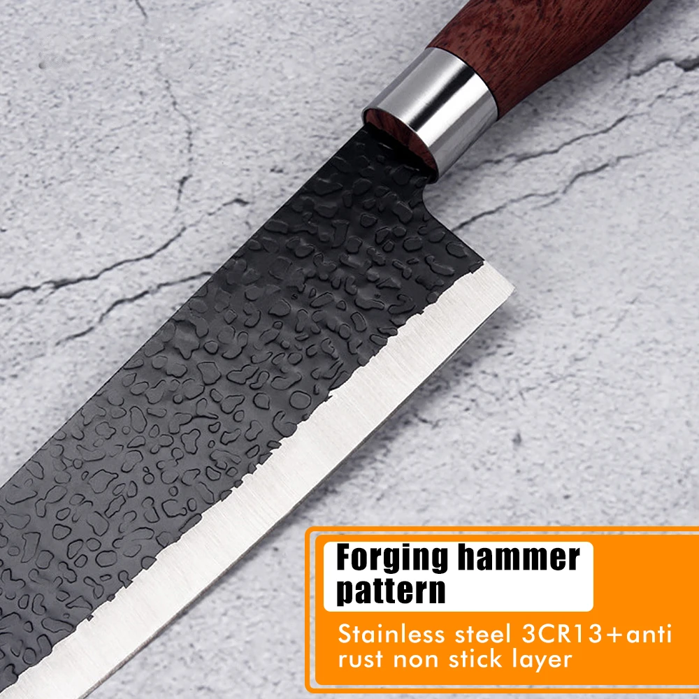 Ensemble de 6 couteaux de chef forgés à la main en acier inoxydable, comprenant un couperet, un couteau d'office et un couteau utilitaire de cuisine. Manche ergonomique en bois antidérapant pleine soie._voghion.com