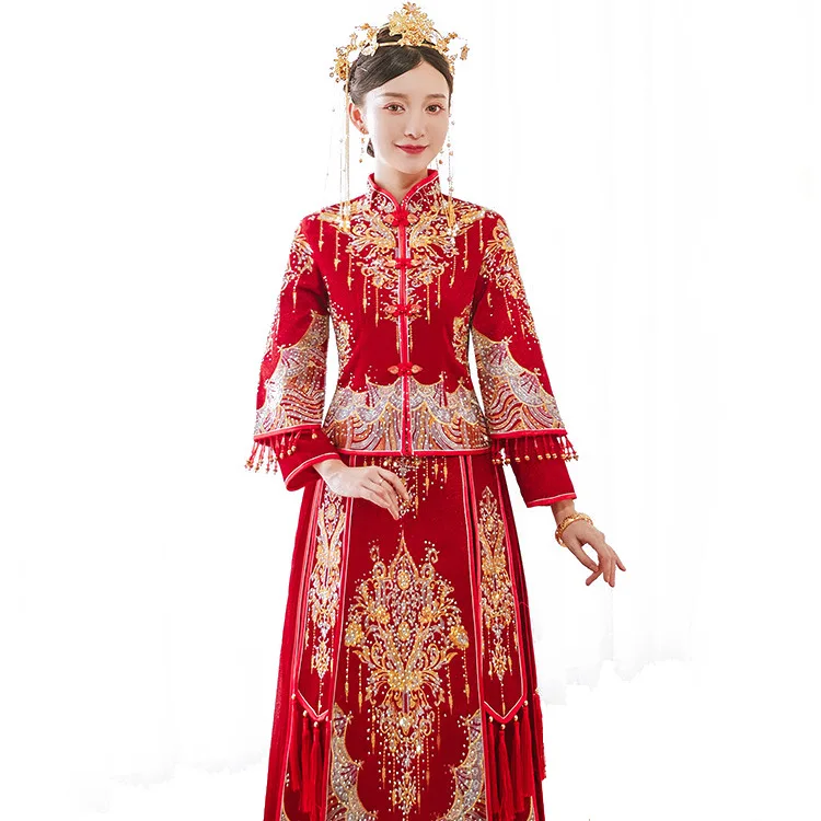 slim fit dress slacks Xiuhe headdress red gold versatile cheongsam morning robe new Chinese