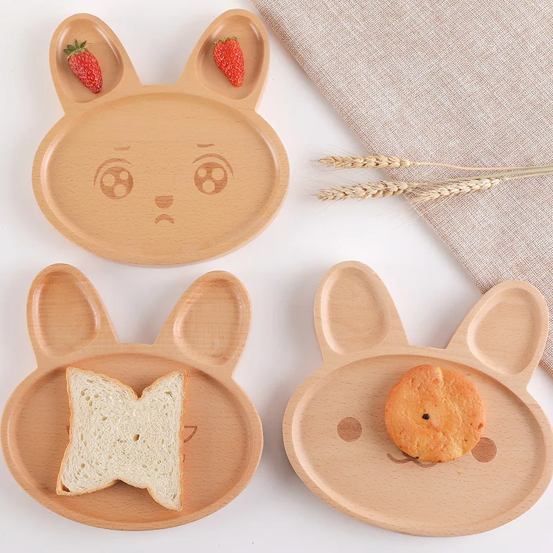 Cute Rabbit Shape Cartoon Wooden Plate Divider Perfect Tableware