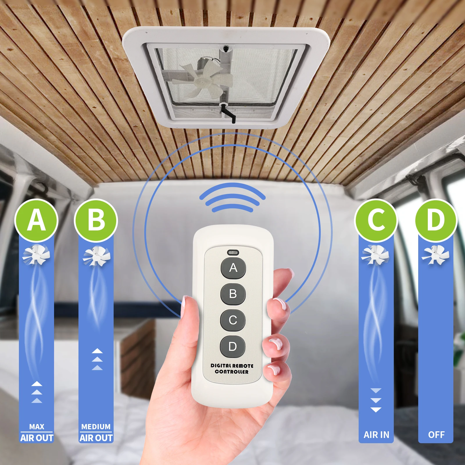 RV Vent Fan 12 Volt RV Ceiling Fan All In One, 14" 10-Speed Reversible