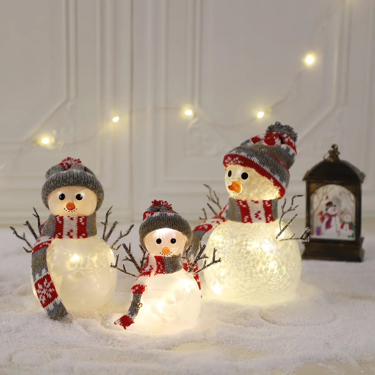 Small led light pre-lit up sliver glass christmas xmas snowman figurine decoration ornaments for christmas new year home decor factory