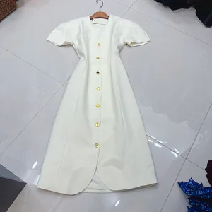 Factory Wholesale French Solid Midi Dress Women Short Sleeve Luxury Vintage V-neck High Waist A-Line Single-breasted Party