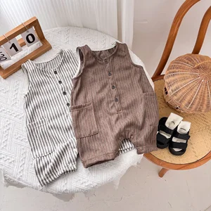Summer Casual Button Closure Striped Sleeveless 100% Cotton ODM Romper Suit Baby Boys Girls Outfits